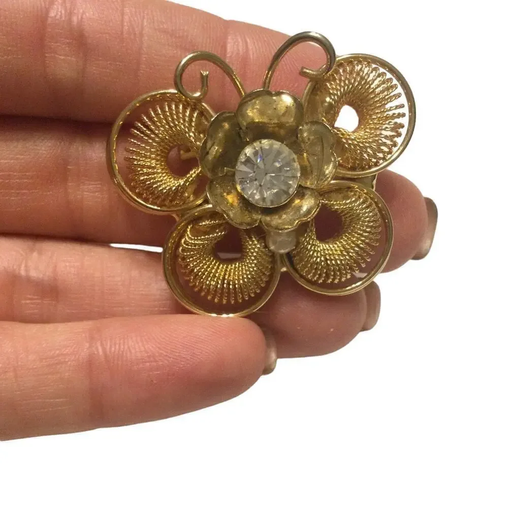 Vtg Butterfly‎ brooch wire pin gold gem rhinestone MCM fashion jewelry granola